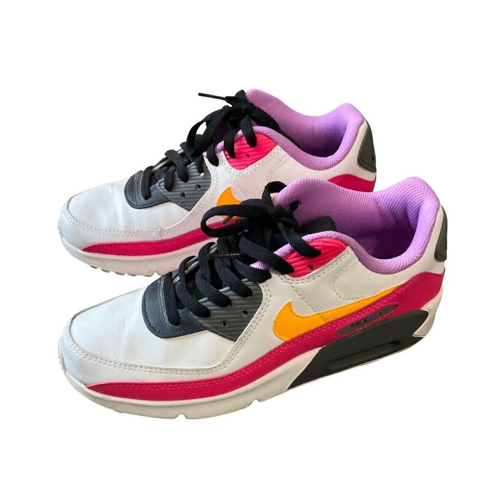 Nike Air Max 90 Sneakers Youth 6 White Pink Orange Leather Retro Running Shoes